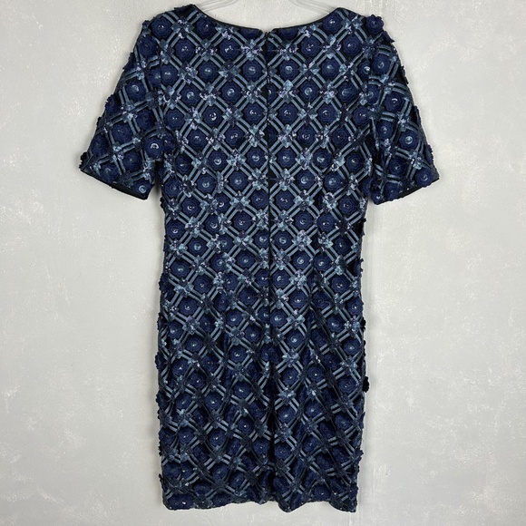 Badgley Mischka size 12 sheath dress navy textured floral sequin short sleeve - Picture 6 of 11